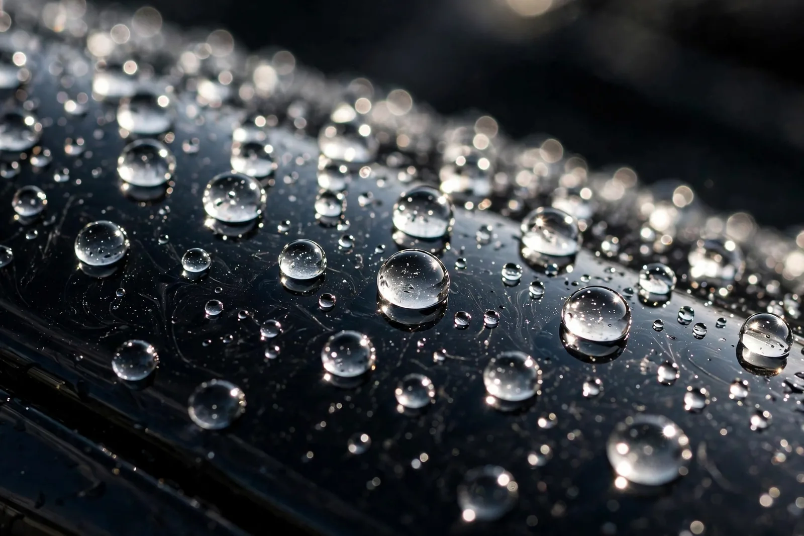 Water beading on freshly detailed dark car paint