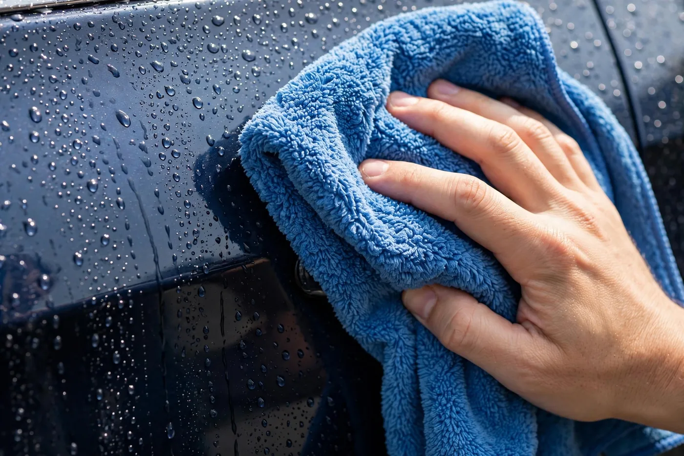Hand drying a car panel with a microfiber towel